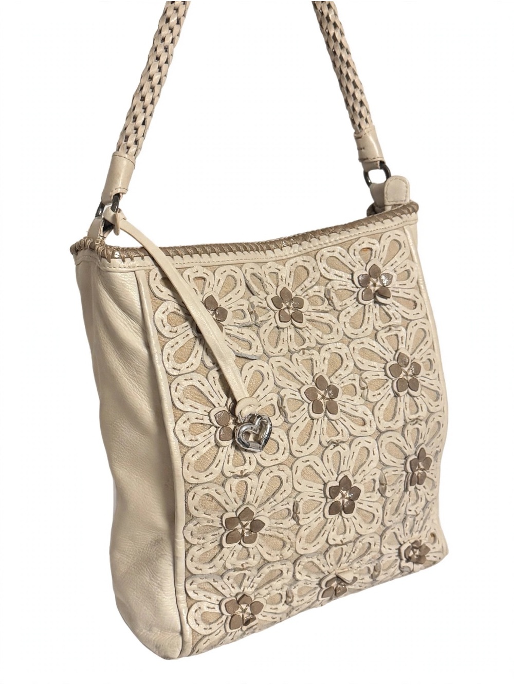 Brighton Floral Cutwork Leather linen Shoulder Bag in Cream